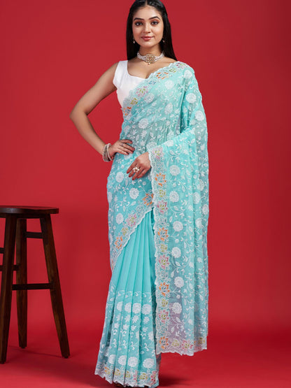 Rajwada Sky Blue Georgette Embroidered Saree with Unstitched Blouse for Women