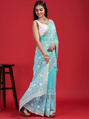 Rajwada Sky Blue Georgette Embroidered Saree with Unstitched Blouse for Women