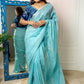 Rajwada Light Blue Organza Embroidered Saree with Stitched Blouse for Women