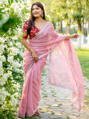 Rajwada Pink Organza Embroidered Saree with Stitched Blouse for Women