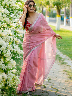 Rajwada Pink Organza Embroidered Saree with Stitched Blouse for Women