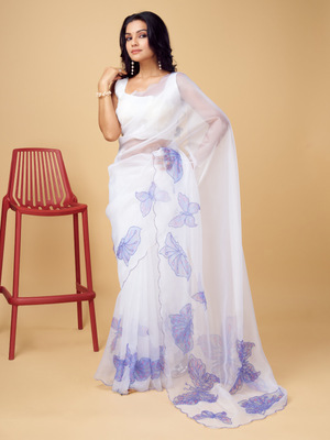 Rajwada White and Blue Organza Printed Saree With Unstitched Blouse For Women