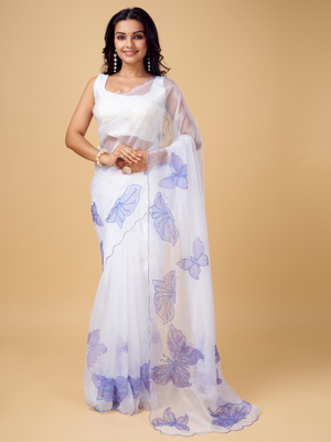 Rajwada White and Blue Organza Printed Saree With Unstitched Blouse For Women