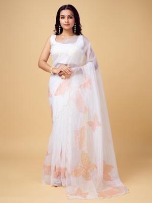 Rajwada White and Peach Organza Printed Saree With Unstitched Blouse For Women