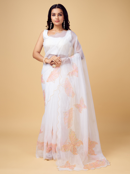 Rajwada White and Peach Organza Printed Saree With Unstitched Blouse For Women