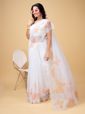 Rajwada White and Peach Organza Printed Saree With Unstitched Blouse For Women