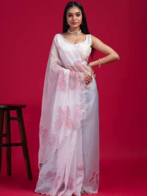 Rajwada White Organza Printed Saree with Unstitched Blouse for Women