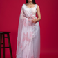 Rajwada White Organza Printed Saree with Unstitched Blouse for Women
