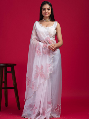Rajwada White Organza Printed Saree with Unstitched Blouse for Women