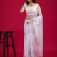 Rajwada White Organza Printed Saree with Unstitched Blouse for Women