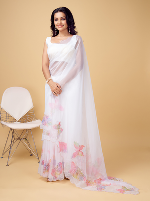 Rajwada White and Multi Organza Printed Saree With Unstitched Blouse For Women