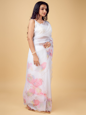 Rajwada White and Multi Organza Printed Saree With Unstitched Blouse For Women