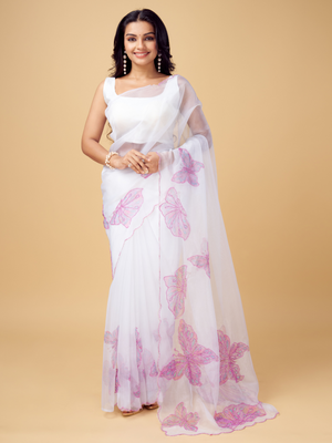 Rajwada White and Purple Organza Printed Saree With Unstitched Blouse For Women