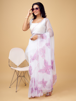 Rajwada White and Purple Organza Printed Saree With Unstitched Blouse For Women