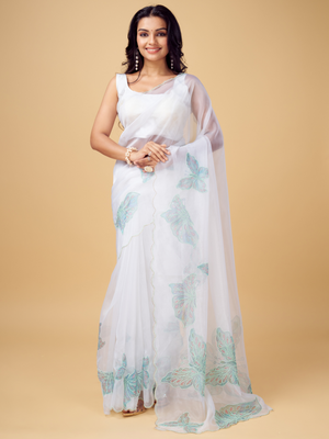 Rajwada White and Green Organza Embellished Saree With Unstitched Blouse For Women