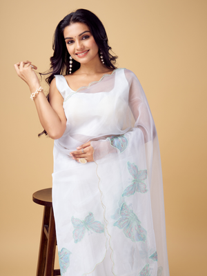Rajwada White and Green Organza Embellished Saree With Unstitched Blouse For Women