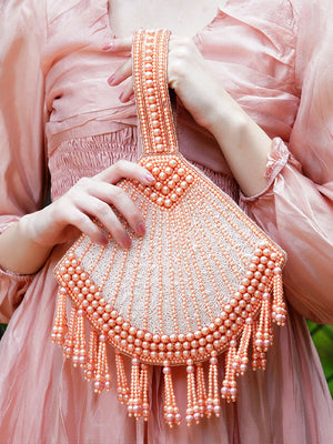 Rajwada Women Peach Fan Shaped Pearl Bag