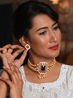 Rajwada Blue And Gold Pearl And Kundan Necklace Set For Women