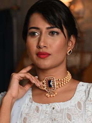 Rajwada Blue And Gold Pearl And Kundan Necklace Set For Women