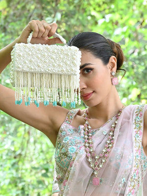 Rajwada  White And Blue Fabric Pearls Bridal Clutch For Women
