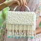 Rajwada  White And Blue Fabric Pearls Bridal Clutch For Women