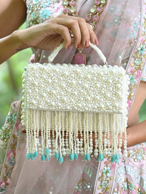 Rajwada  White And Blue Fabric Pearls Bridal Clutch For Women