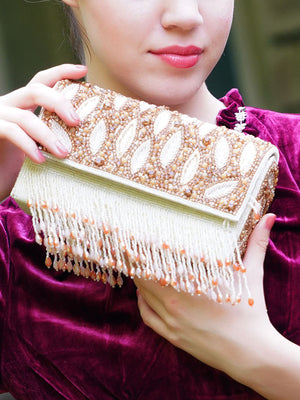 Rajwada Women Hi-Shine Gold And White Tasseled Clutch Bag