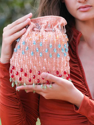 Rajwada Women Sparkling Peach Bead Embroidered Potli Bag