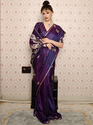 Rajwada Women Festive Purple Satin Printed Saree With Unstitched Blouse