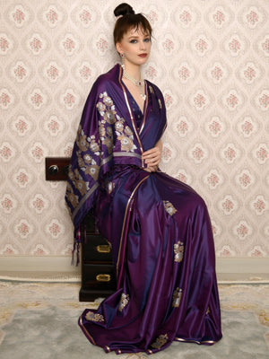 Rajwada Women Festive Purple Satin Printed Saree With Unstitched Blouse