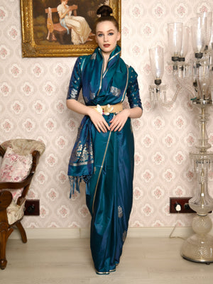 Rajwada Women Festive Blue Satin Printed Saree With Unstitched Blouse