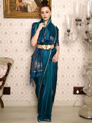 Rajwada Women Festive Blue Satin Printed Saree With Unstitched Blouse