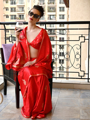 Rajwada Women Festive Red Satin Printed Saree With Unstitched Blouse