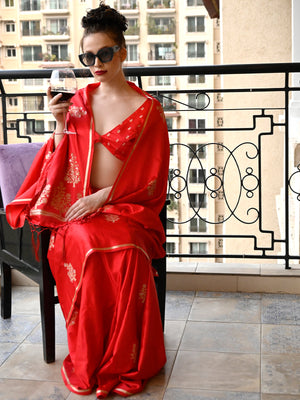 Rajwada Women Festive Red Satin Printed Saree With Unstitched Blouse