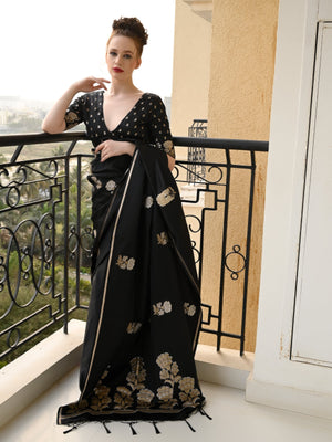 Rajwada Women Festive Black Satin Printed Saree With Unstitched Blouse