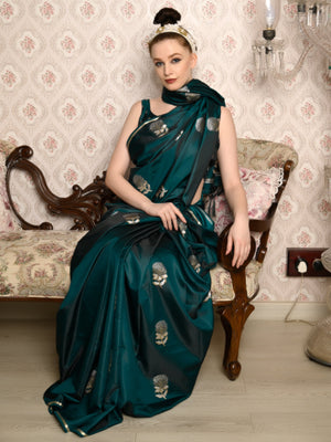 Rajwada Women Festive Green Satin Printed Saree With Unstitched Blouse