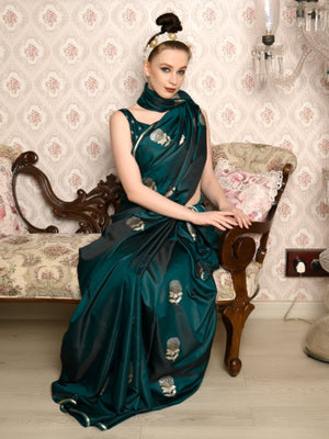 Rajwada Women Festive Green Satin Printed Saree With Unstitched Blouse