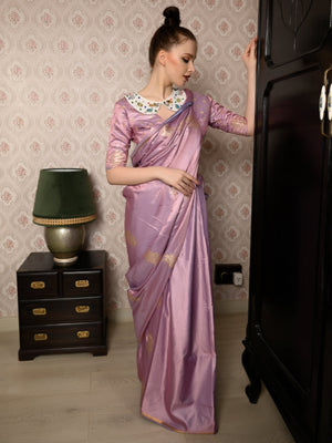 Rajwada Women Festive Lilac Satin Printed Saree With Unstitched Blouse