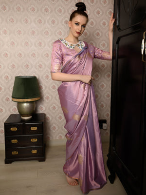 Rajwada Women Festive Lilac Satin Printed Saree With Unstitched Blouse