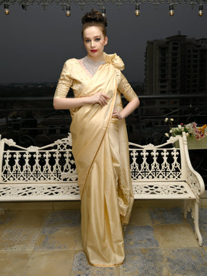 Rajwada Women Festive Beige Satin Printed Saree With Unstitched Blouse