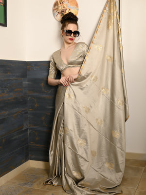 Rajwada Women Festive Grey Satin Printed Saree With Unstitched Blouse