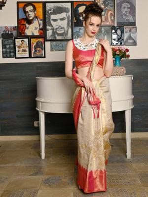 Rajwada Women Festive Apricot Silk Blend Woven Saree With Unstitched Blouse