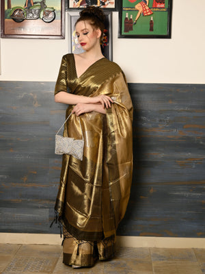 Rajwada Women Festive Brown Silk Blend Woven Saree With Unstitched Blouse