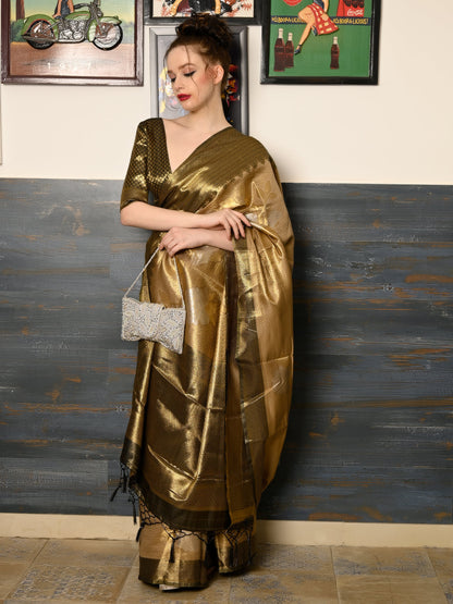 Rajwada Women Festive Brown Silk Blend Woven Saree With Unstitched Blouse
