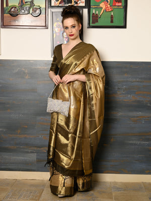 Rajwada Women Festive Brown Silk Blend Woven Saree With Unstitched Blouse