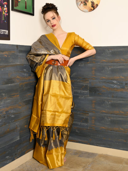 Rajwada Women Festive Grey Silk Blend Woven Saree With Unstitched Blouse