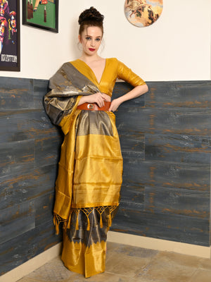 Rajwada Women Festive Grey Silk Blend Woven Saree With Unstitched Blouse