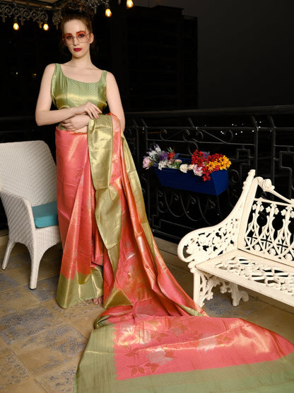 Rajwada Women Festive Pink Silk Blend Woven Saree With Unstitched Blouse
