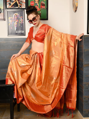 Rajwada Women Festive Orange Silk Blend Woven Saree With Unstitched Blouse