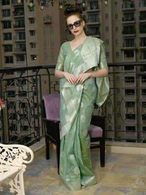Rajwada Women Festive Green Linen Blend Woven Saree With Unstitched Blouse